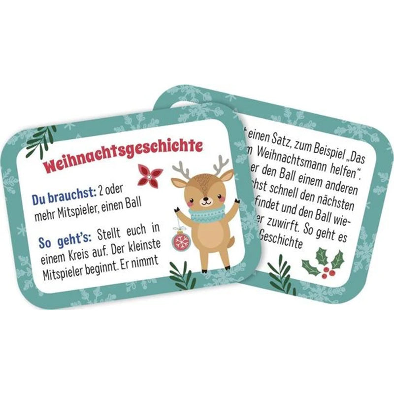 Beispielkarte „Weihnachtsgeschichte“ mit Spielanleitung und Illustration eines Rentiers.