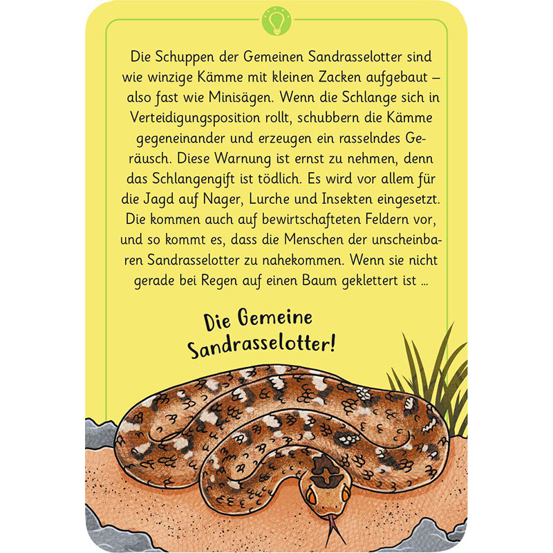 Spielkarte mit Illustration einer Sandrasselotter und Text zur Beschreibung ihrer Schuppen, Abwehrhaltung und Gefährlichkeit.