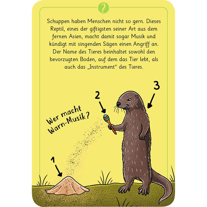 Spielkarte mit Rätsel „Wer macht Warn-Musik?“ und Illustration eines Erdhügels, eines Tieres mit Rassel und einer Ratte als Hinweisbilder.