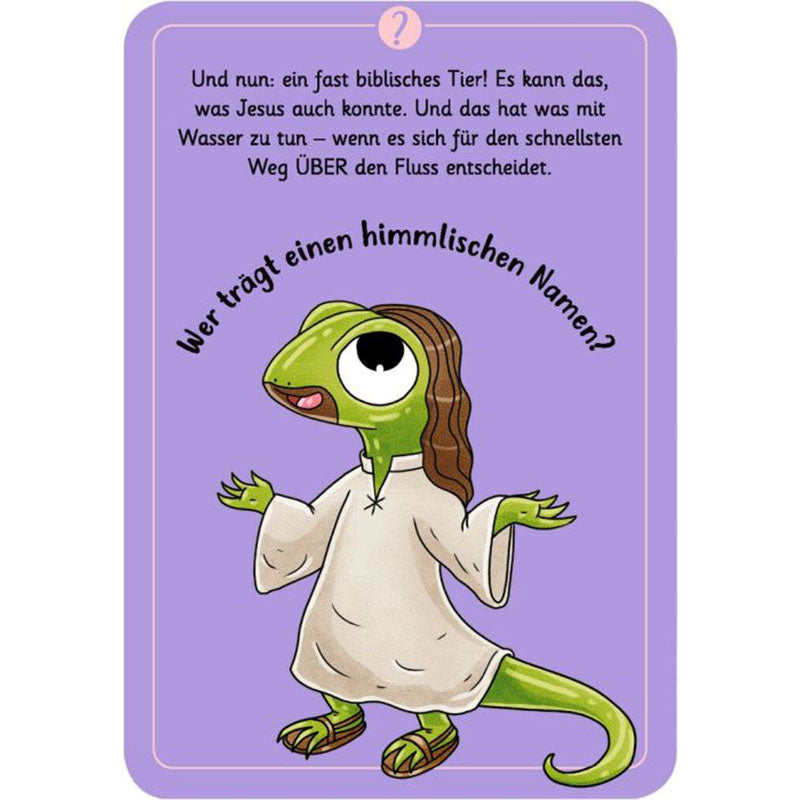 Lila Karte mit Illustration einer Echse in weißem Gewand (als Jesus dargestellt), Text-Rätsel: „Wer trägt einen himmlischen Namen?“ – Hinweis auf die Jesus-Echse.