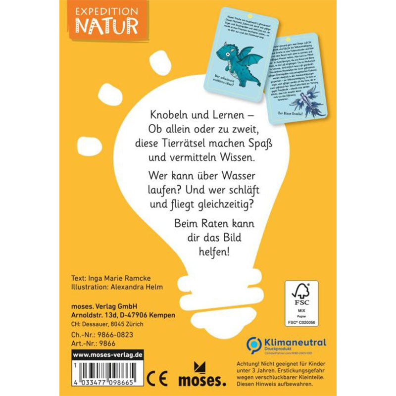 Rückseite der Kartenbox „Expedition Natur“ mit Textbeschreibung des Spiels, zwei Beispielkarten und Verlagsinfos.