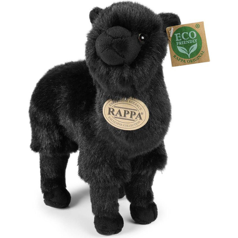 Schwarzes Plüsch-Alpaka mit weichem Fell, braunen Knopfaugen und zwei Anhängern – einem runden mit der Aufschrift „Rappa“ und einem grünen mit „Eco Friendly“.