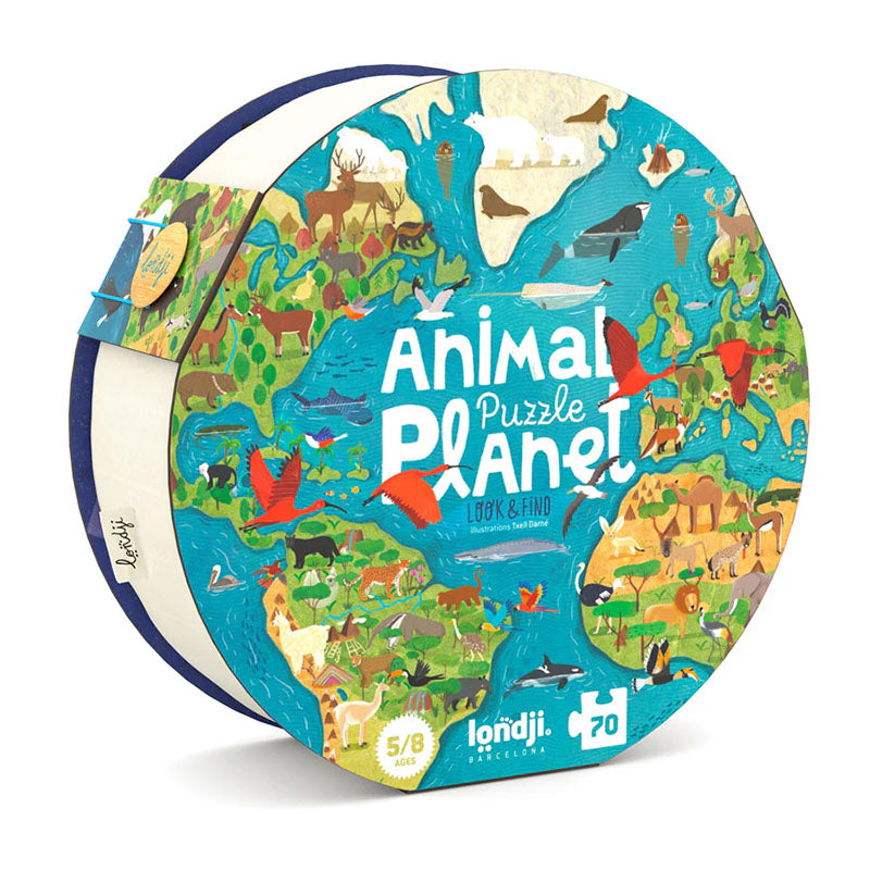 Runde Box des Londji „Animal Planet“ Puzzles, zeigt eine bunte Weltkarte mit vielen Tieren aus allen Kontinenten.
