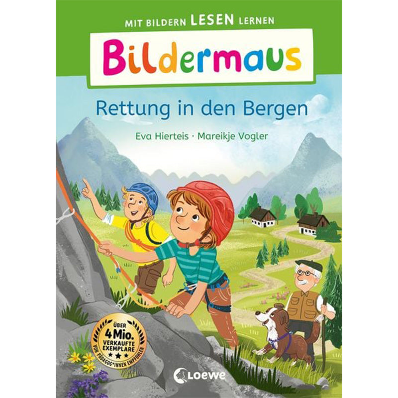 Buchcover des Titels „Bildermaus – Rettung in den Bergen“ von Eva Hierteis und Mareikje Vogler. Zu sehen sind zwei Kinder mit Helmen beim Klettern an einem Felsen, dahinter eine Berglandschaft mit Hütten, einem Hund und einem älteren Mann.