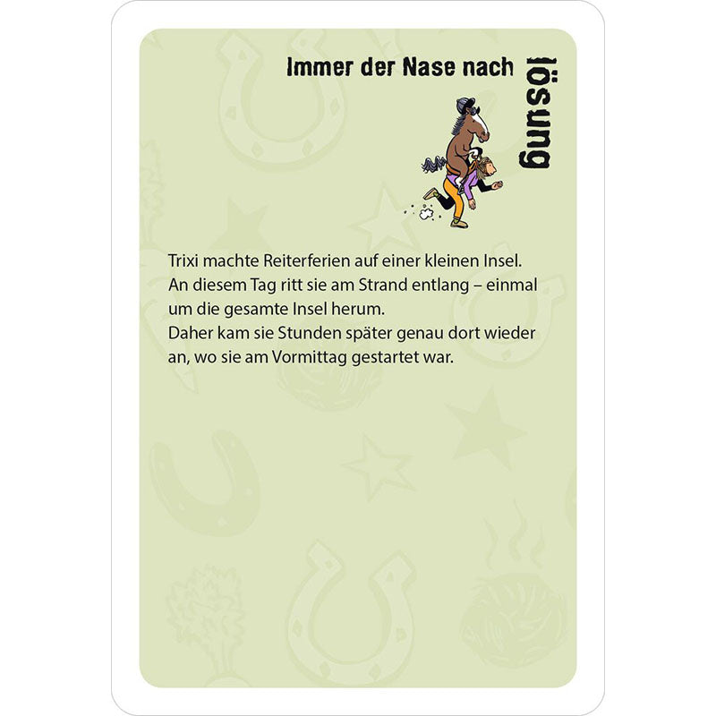Spielkarte mit der Überschrift „Immer der Nase nach – Lösung“, zeigt eine Illustration eines Pferdes, das ein Kind auf dem Rücken trägt.