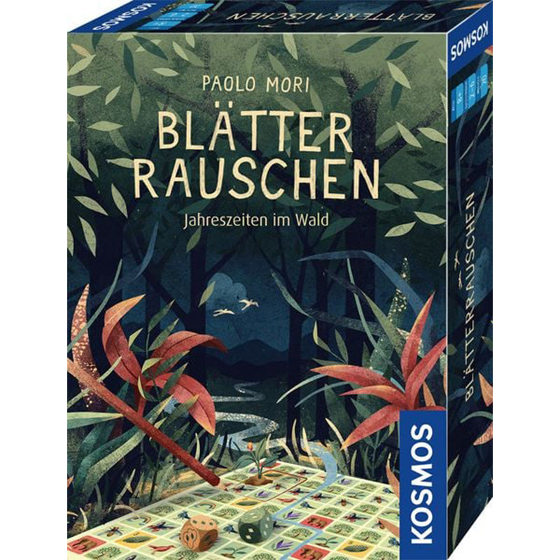 Vorderseite der Spielschachtel von Blätterrauschen – Jahreszeiten im Wald mit Walddesign und Spielfeld im Vordergrund.