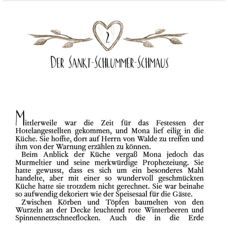 Buchseite: Kapitelanfang „Der Sankt-Schlummer-Schmaus“ mit dekorativem Herz und Zweigen, dazu Text über das Festmahl der Hotelbewohner.