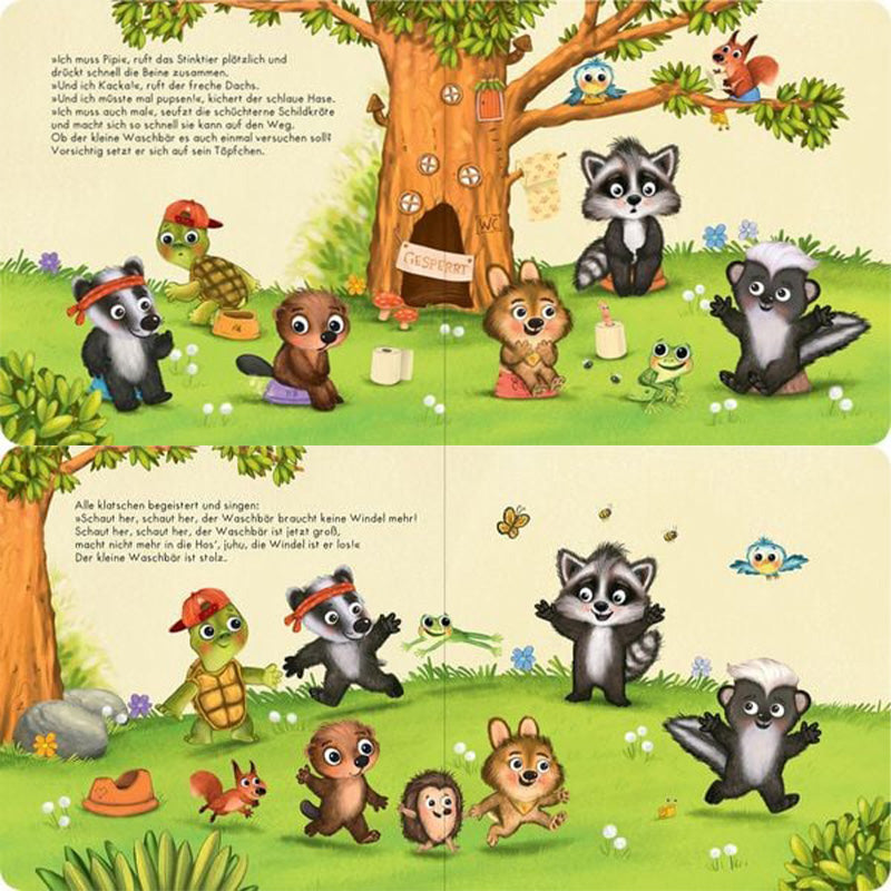 Die Tierkinder sitzen auf der Wiese in einem Kreis, hinter ihnen ein Baum mit WC-Schild, der Babywaschbär steht stolz ohne Windel.