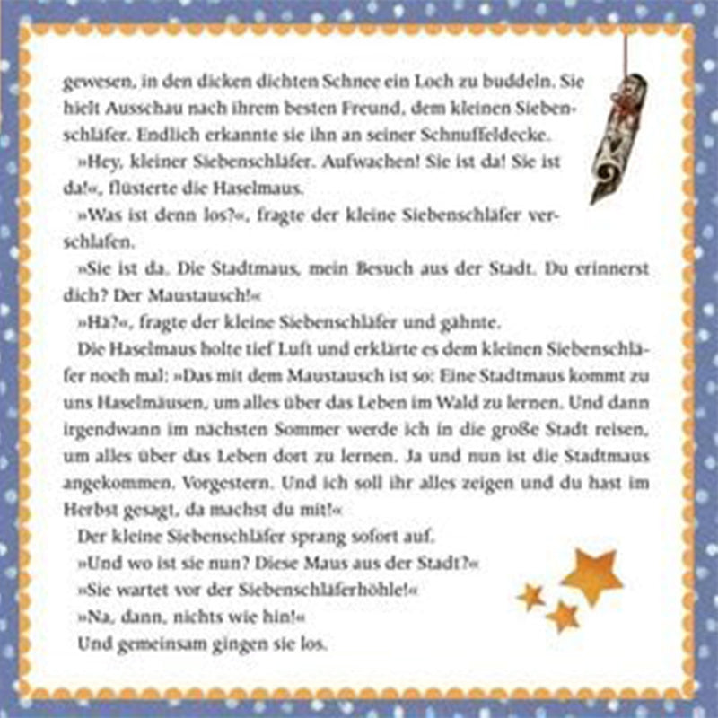 Buchseite: Textfortsetzung zu „Der Maustausch“ – die Haselmaus erklärt dem Siebenschläfer, dass eine Stadtmaus zu Besuch kommt, um den Wald kennenzulernen.