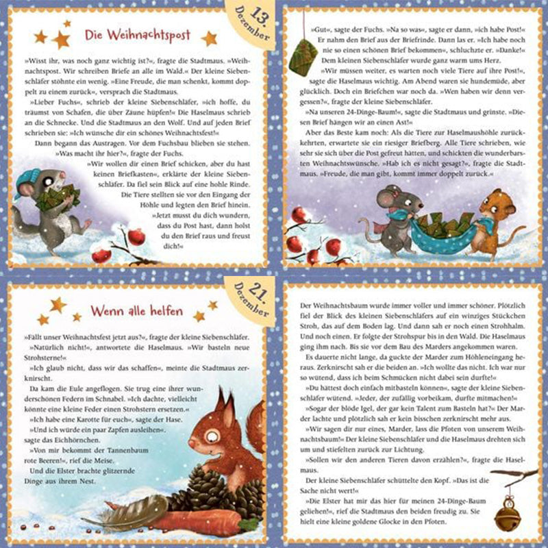 Buchseiten (Vier Geschichtenkarten): Illustrationen mit dem kleinen Siebenschläfer, der Haselmaus und anderen Waldtieren beim Schreiben von Weihnachtsbriefen und Vorbereiten des Festes.