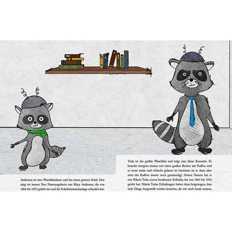 Buchseite – Zwei Waschbären mit Mützen, einer trägt grüne Schleife, der andere blaue Krawatte.