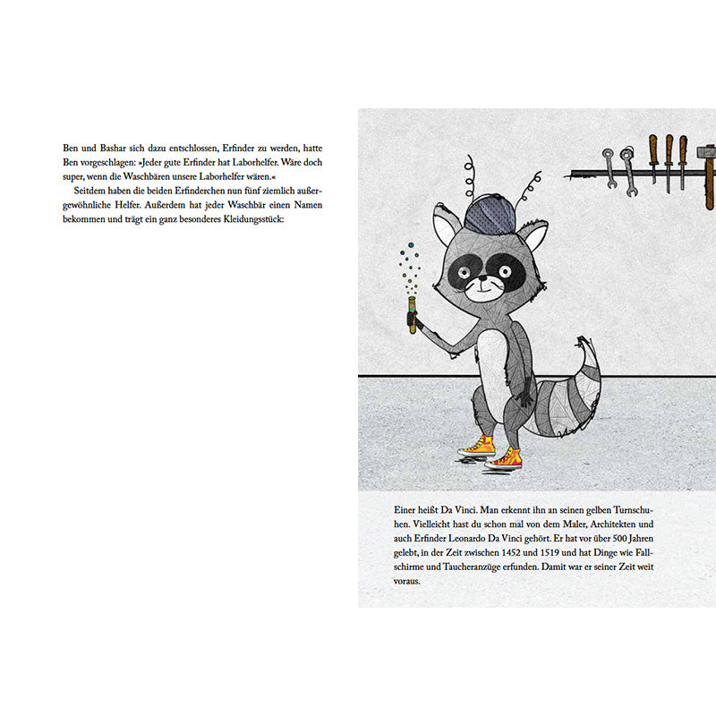 Buchseite – Ein Waschbär mit gelben Turnschuhen hält ein Reagenzglas in der Hand.