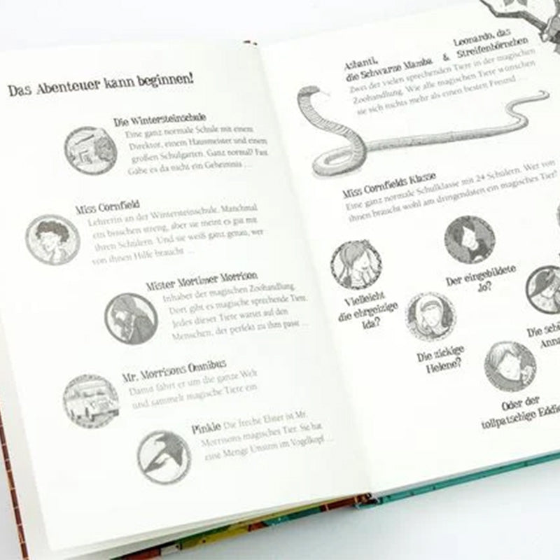 Buchseite: Vorstellung der Hauptfiguren und Tiere – Beschreibung von Miss Cornfield, Mister Morrison, Ashanti der Schlange und den Schülern der Klasse.