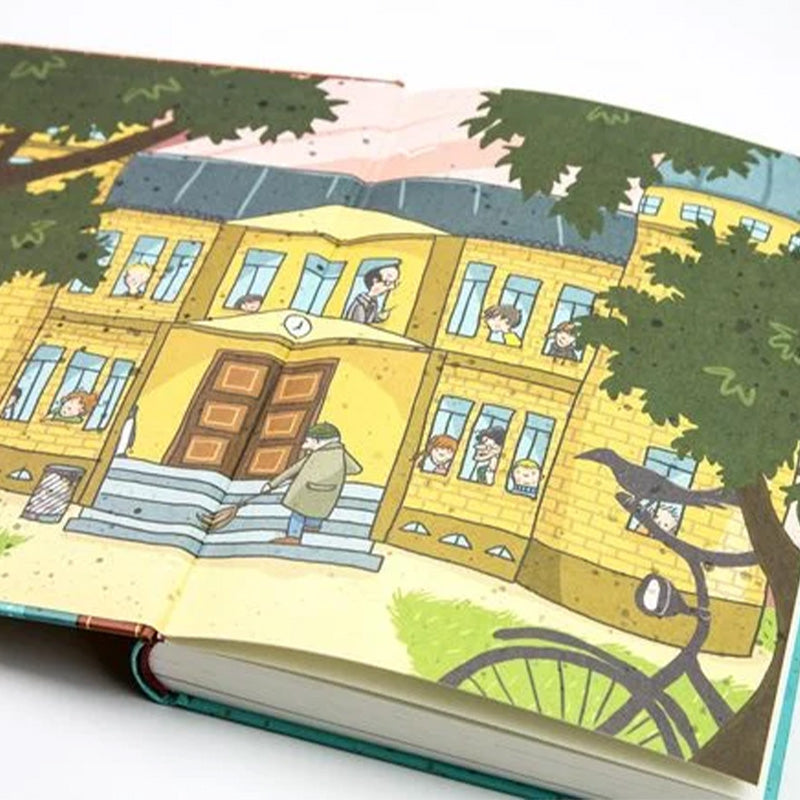 Buchseite: Farbillustration der Wintersteinschule – ein gelbes Gebäude mit vielen Fenstern, Kindern an den Fenstern und einem Hausmeister, der vor dem Eingang kehrt.