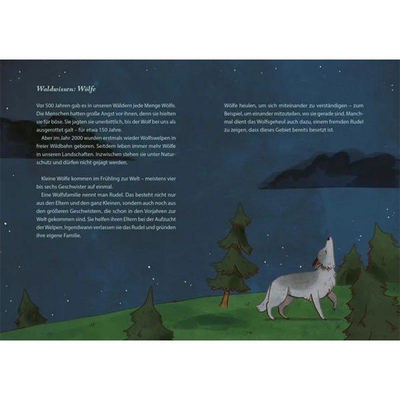 Illustration eines heulenden Wolfs im nächtlichen Wald mit Text über das Leben von Wölfen.