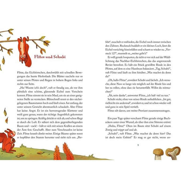 Illustration zweier Eichhörnchen im Herbstwald mit Erzähltext über Flitze und Schubi.