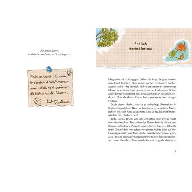 Innenseite des Buches Die wilden Rüben – Garten Nr. 8 in Gefahr. Links eine Widmung „Für meine Eltern und die besten Freunde im Schrebergarten“ sowie ein handgeschriebener Zettel mit Reim. Rechts eine Textseite mit der Überschrift „Endlich Herbstferien!“ verziert mit herbstlichen Illustrationen wie Blättern und Eicheln.