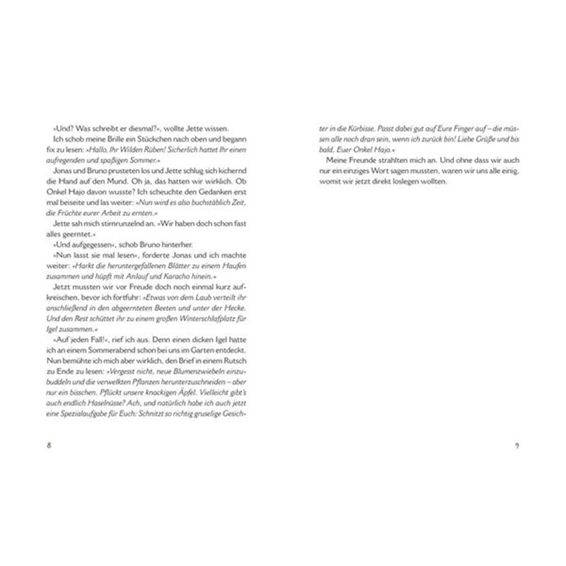 Innenseite des Buches Die wilden Rüben – Garten Nr. 8 in Gefahr. Zwei Textseiten (Seite 6 und 7) mit fortlaufender Geschichte, ohne Illustrationen, nur schwarzer Text auf weißem Hintergrund.