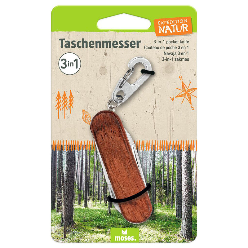 Verpackung des „Expedition Natur“ 3-in-1 Taschenmessers von Moses mit Walddesign-Hintergrund und Kompass-Symbol.
