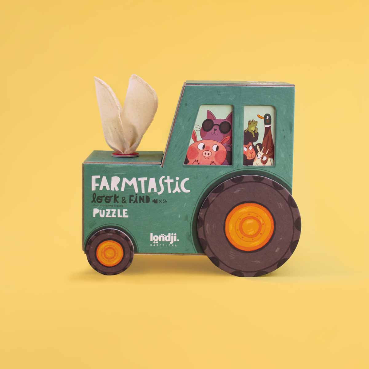 lustige Farmtastic Puzzle Box mit Bauernhofillustration in Traktor Form