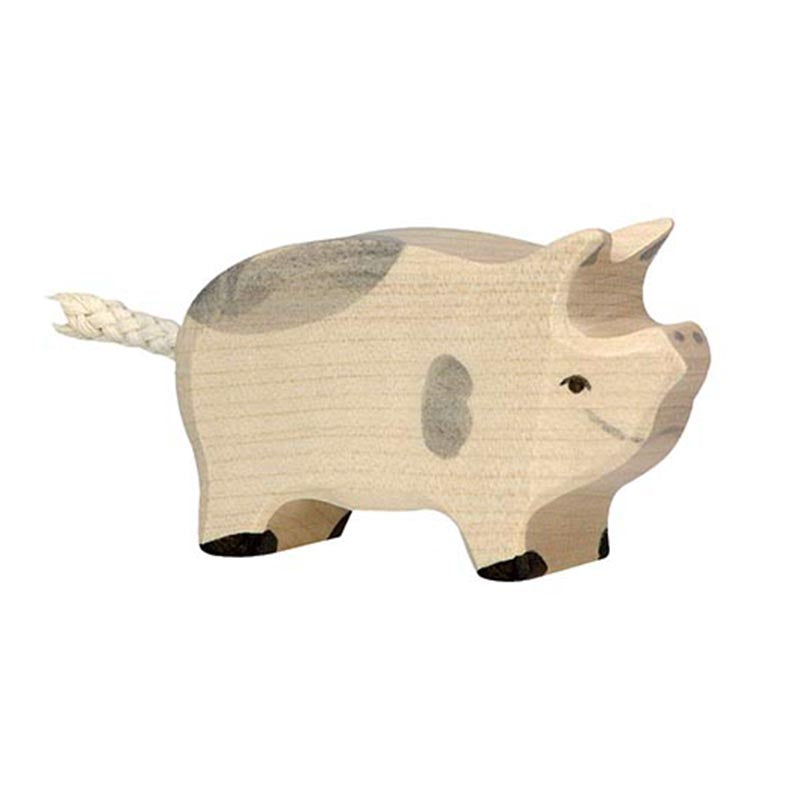 geflecktes Ferkel Holzfigur von Holztiger naturweiß mit grauen Flecken