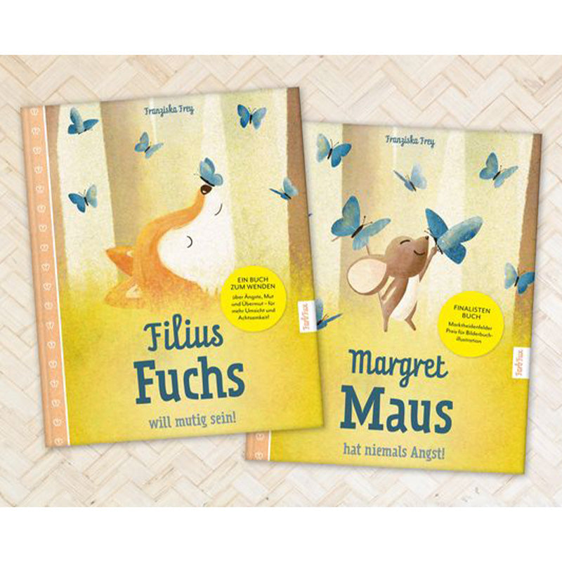 Buchcover: Zwei getrennte Buchseiten – links „Filius Fuchs“, rechts „Margret Maus“ – beide mit gelbem Hintergrund und Schmetterlingen dargestellt.
