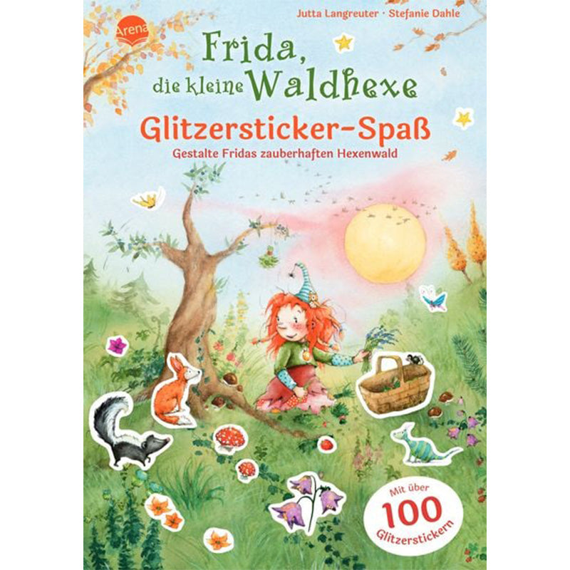Cover des Stickerbuchs „Frida, die kleine Waldhexe – Glitzersticker-Spaß“ mit bunter Illustration von Frida im Hexenwald, Tieren und über 100 Glitzerstickern.
