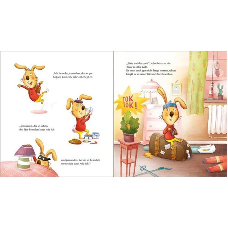 Buchseiten: Der Osterhase möchte Urlaub machen und sucht einen Stellvertreter – Szenen zeigen ihn beim Packen und Nachdenken, wer das Eierverstecken übernehmen könnte.