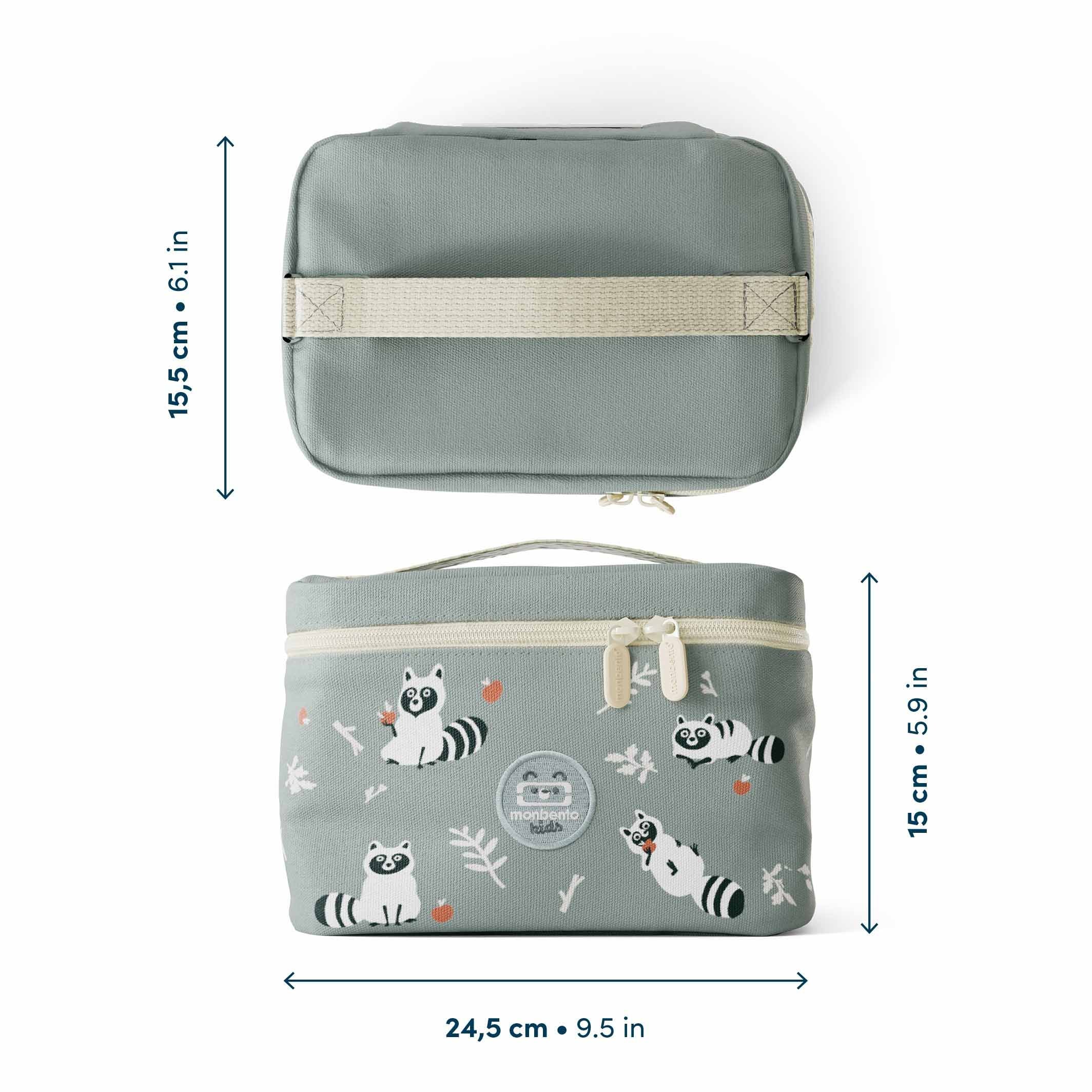 Maße der MonBento Frosty Waschbär Lunchbox – kompakte isolierte Bentobox, ideal für Schule, Kindergarten und Ausflüge.