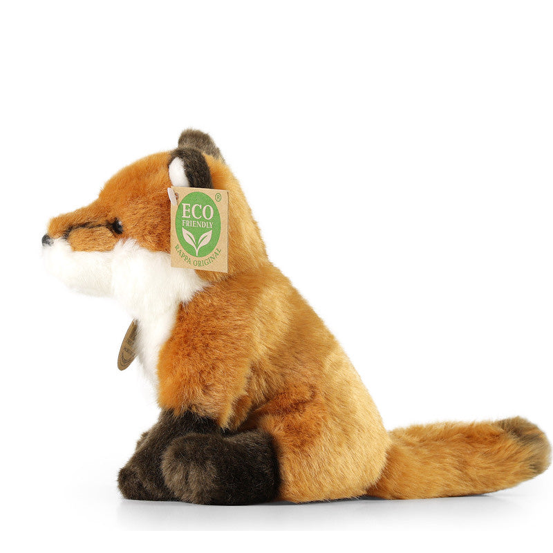 Stofftier Fuchs sitzend, Seitenansicht links mit buschigem Schwanz und braun-weißem Fell, ECO Friendly Etikett sichtbar.