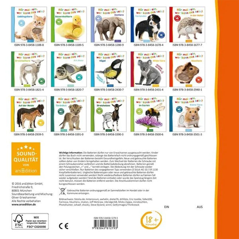 Rückseite des Buches „Hör mal rein, wer kann das sein? – Waldtiere“. Übersicht über weitere Titel der Hörbuchreihe mit Tiermotiven wie Bauernhoftiere, Zootiere, Vögel und mehr.