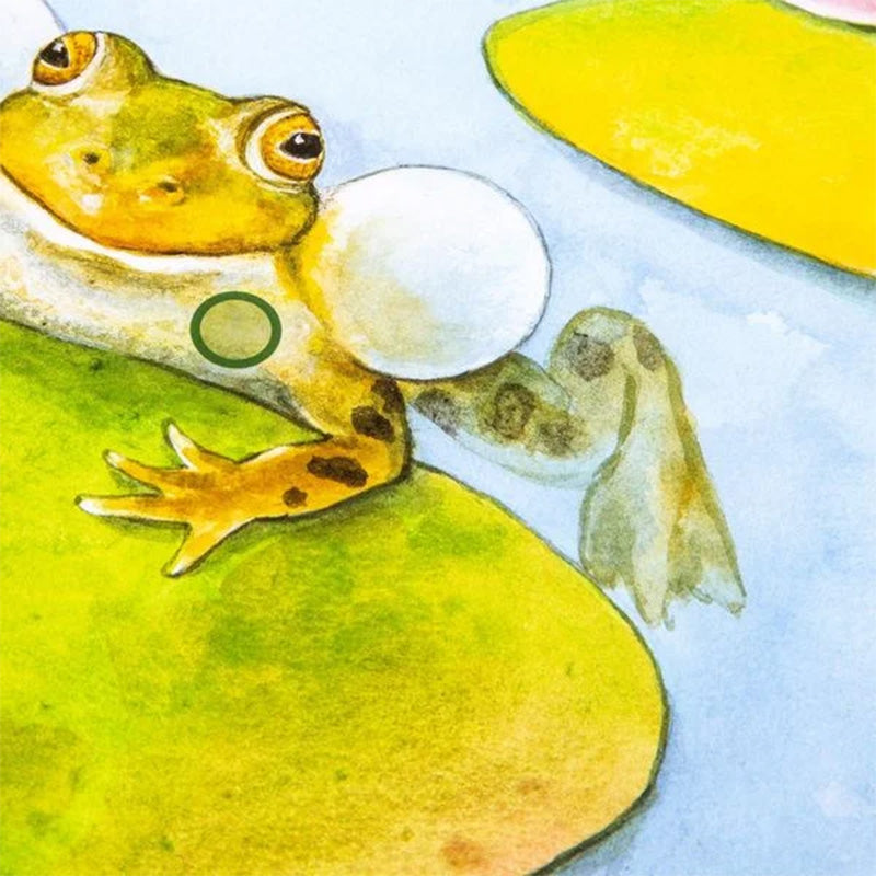 Illustration eines Frosches auf einem Seerosenblatt. Der Frosch hat Schallblasen an den Wangen, die anzeigen, dass er quakt. Auf dem Körper ist ein kleiner grüner Punkt markiert.
