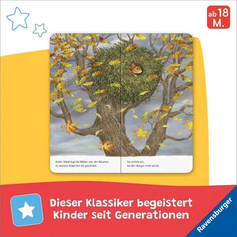 Illustration mit Eichhörnchen im Kobel hoch im Baum, herbstliche Blätter im Wind, grauer Himmel, Text im Buch, Hinweis ab 18 Monaten, Ravensburger, Klassiker für Kinder