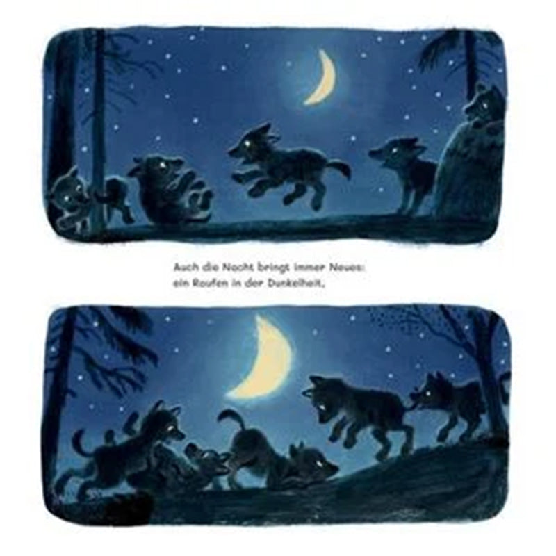 Doppelseite mit nächtlicher Szene. Wolfswelpen toben und spielen unter einem schmalen Halbmond zwischen den Bäumen im Dunkeln.