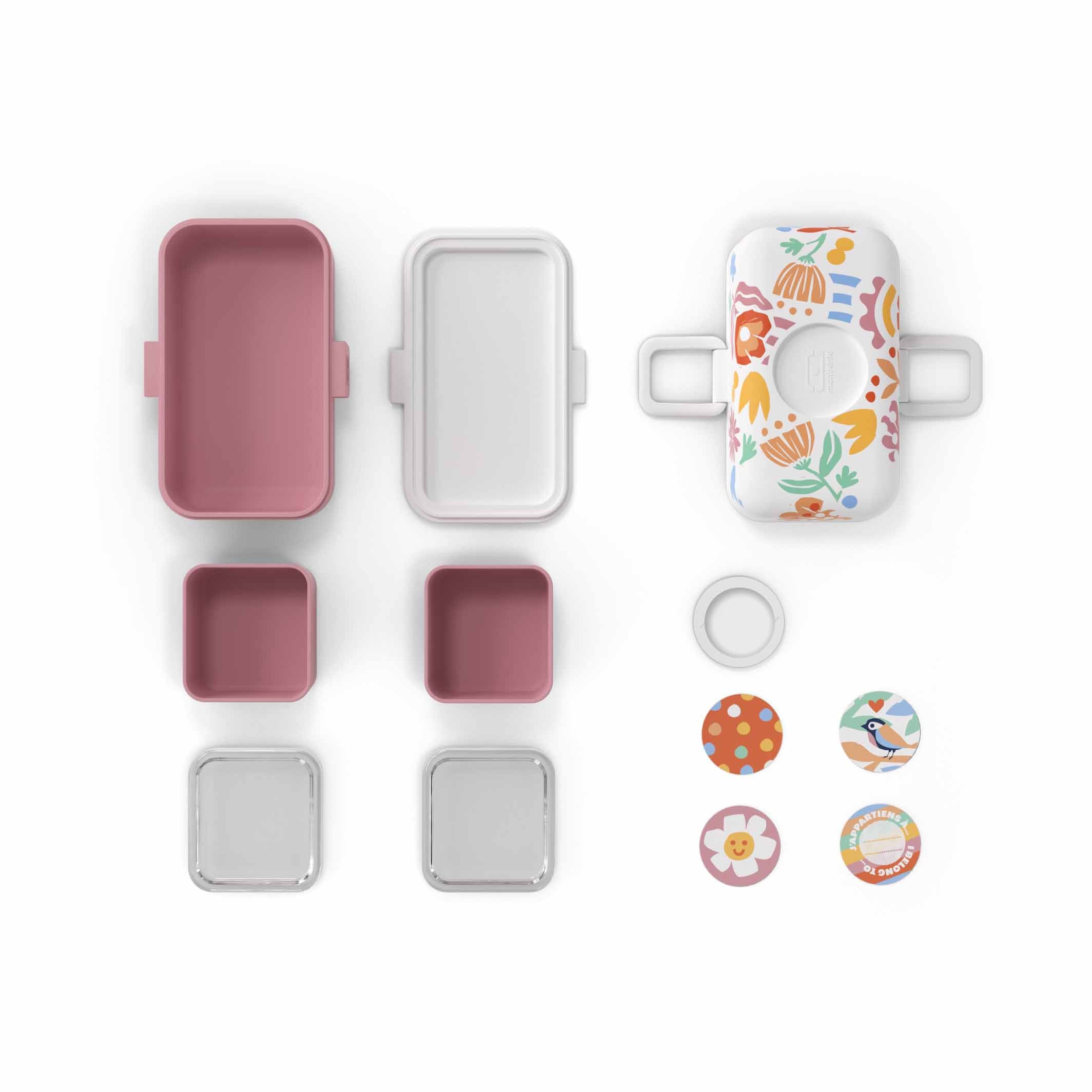 Einzelteile der MonBento Tresor Papercut Jausenbox – Innenbehälter, Dichtung und Deckel dargestellt.