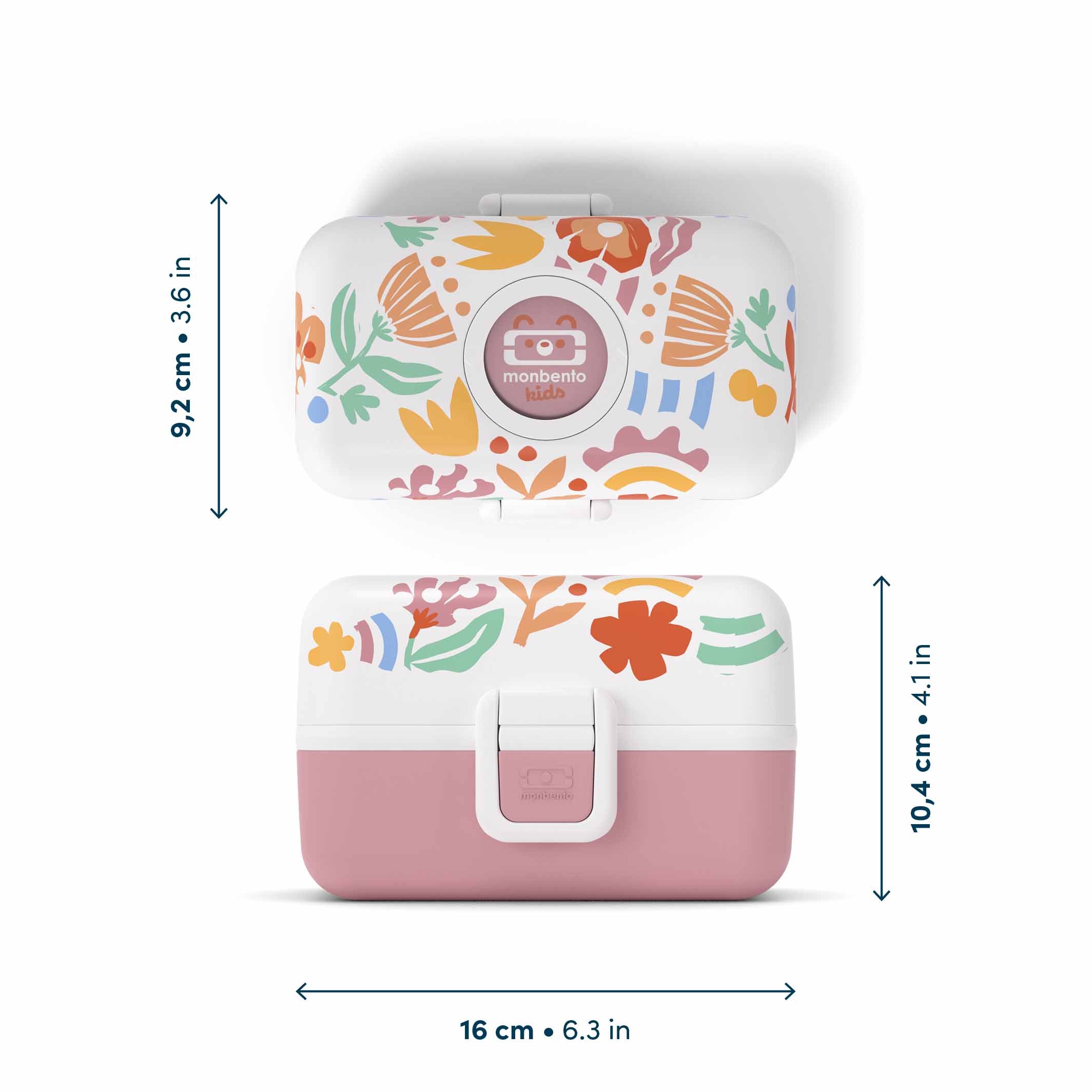 Ansicht der MonBento Tresor Bentobox Papercut – langlebige Kinder Lunchbox mit klarer Formensprache mit Angabe der Dimensionen