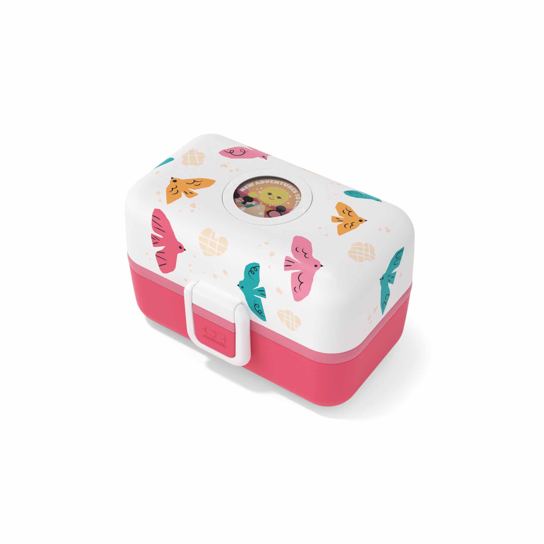 Seitliche Ansicht der MonBento Tresor Kinder Lunchbox Vögel – handlich, stabil und spülmaschinengeeignet.