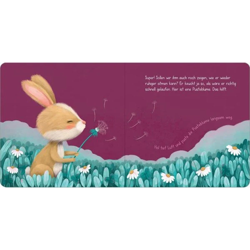 Illustration eines kleinen Hasen, der entspannt eine Pusteblume anbläst, während Samen in die Luft fliegen.