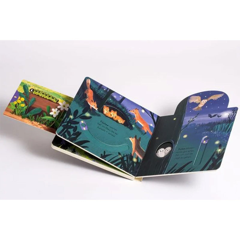 Buchseite. Aufklappbare Doppelseite mit Waldtieren in der Nacht, Füchse mit Jungtieren und Eule.