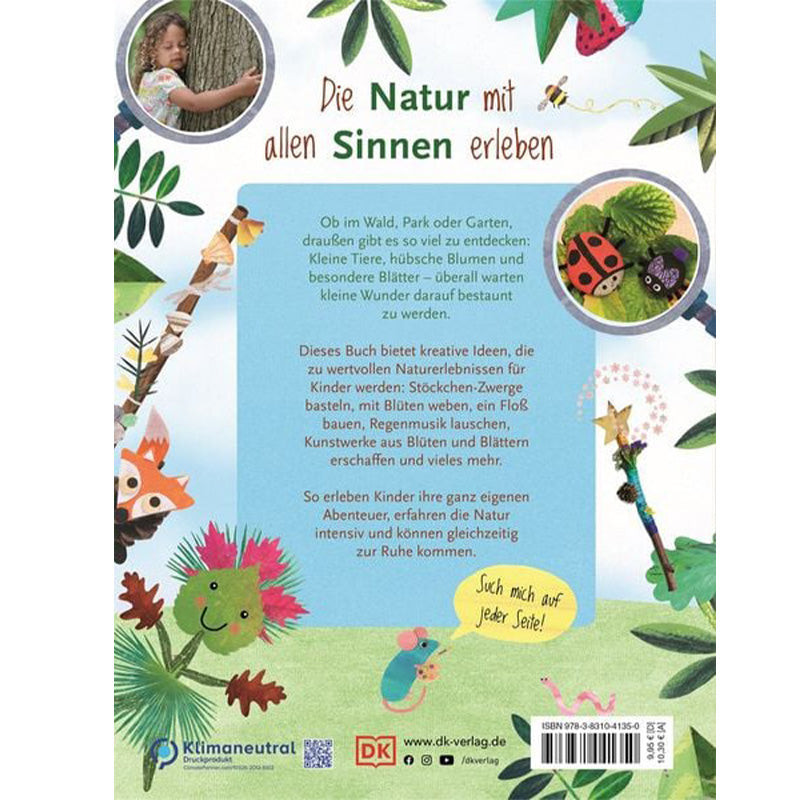 Buchrückseite von „Komm, wir gehen raus!“. Vorstellungstext zum Buch, dekoriert mit Naturmotiven wie Blättern, Käfern, Schnecken und Bastelideen.