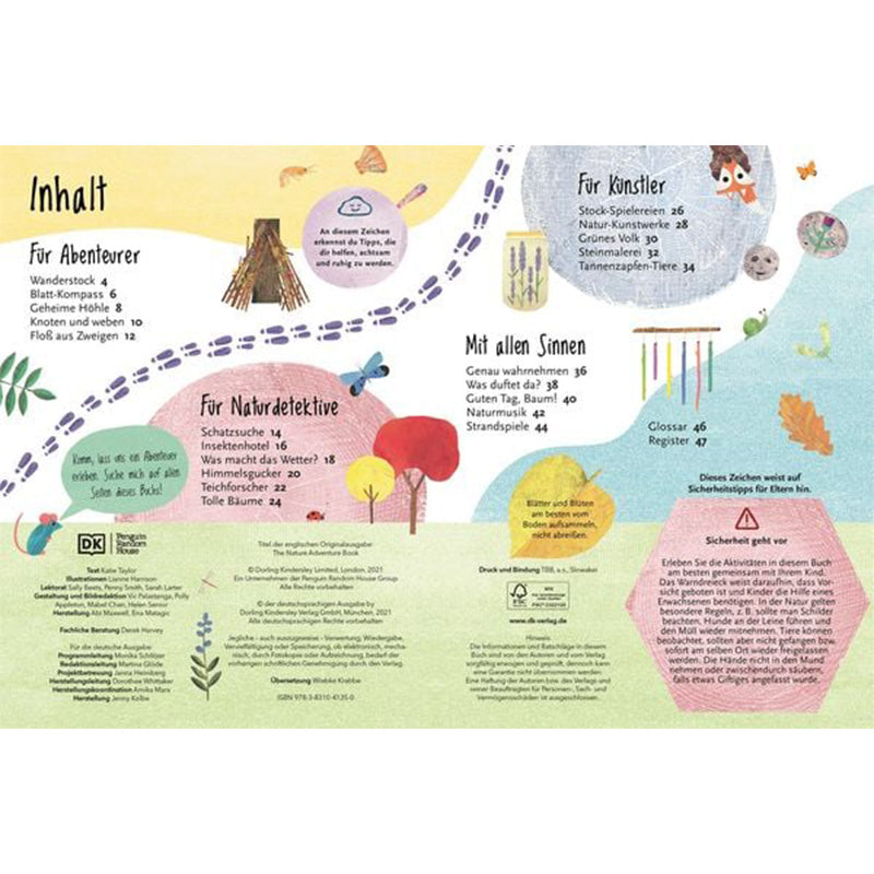 Inhaltsverzeichnis des Buches. Übersichtliche Doppelseite mit farbigen Bereichen und Themen wie „Für Abenteurer“, „Für Naturdetektive“, „Für Künstler“ und „M