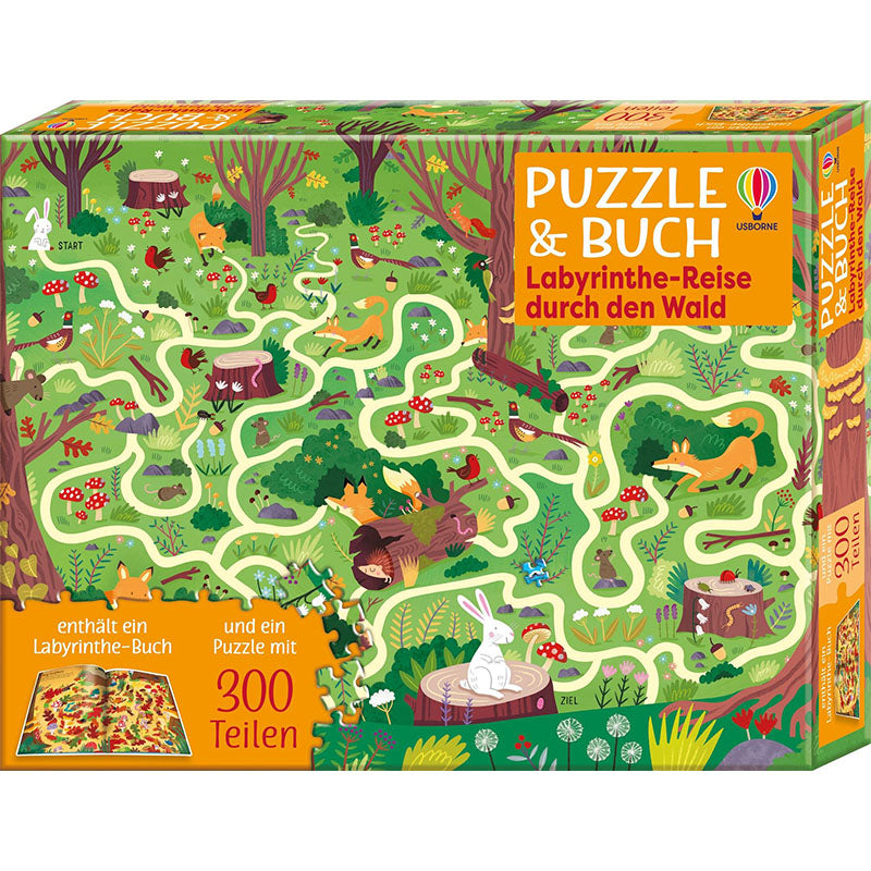 Puzzle & Buch Labyrinthe-Reise durch den Wald
– Eine bunte Puzzlebox mit einem detailreichen Waldlabyrinth, in dem Tiere wie Füchse, Hasen und Rehe zwischen Bäumen und Pilzen zu sehen sind.