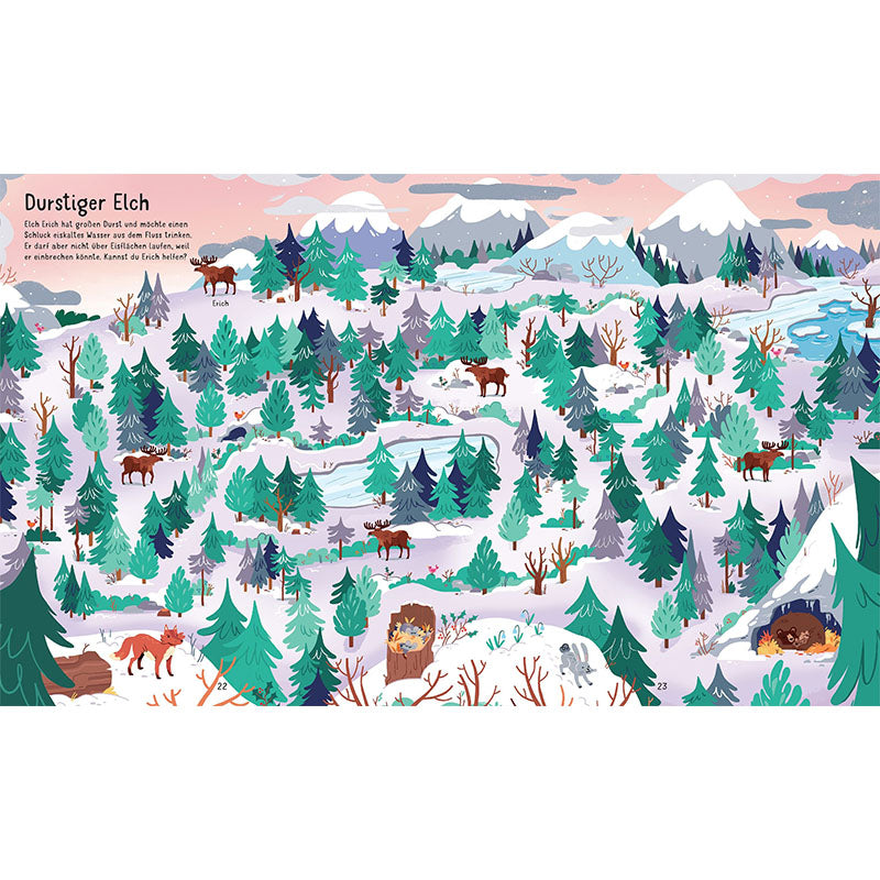 Innenseite mit Elchen im Winterwald
– Winterliche Landschaft mit Elchen zwischen verschneiten Tannen, Bergen im Hintergrund und einem Bach, der durch den Schnee fließt.