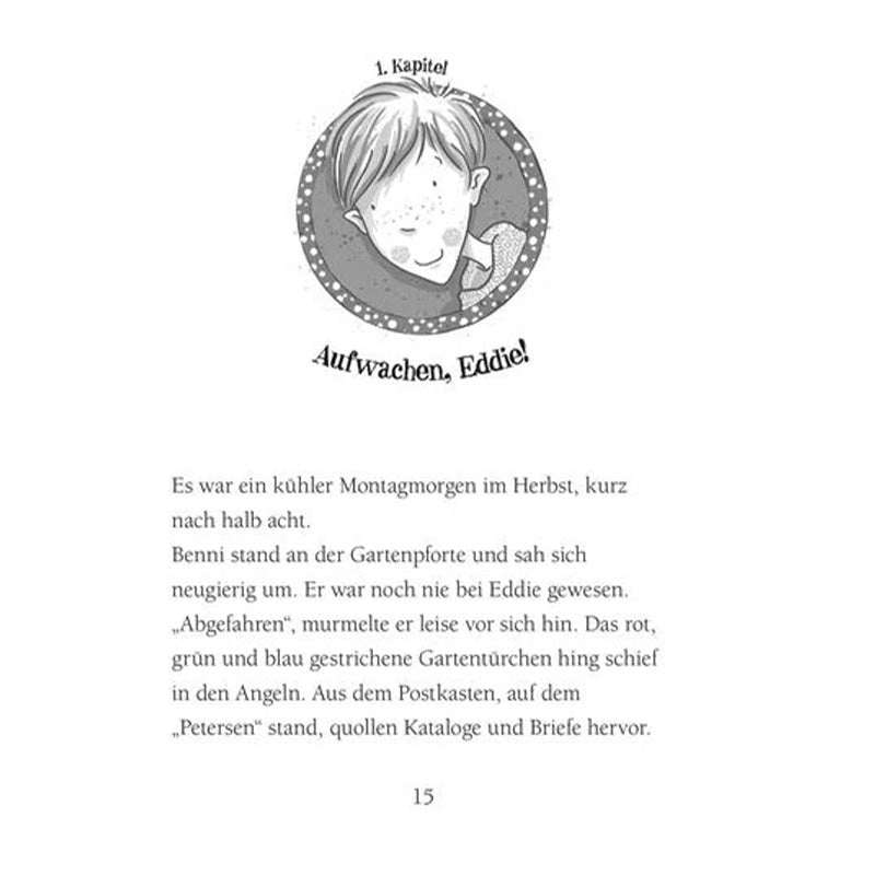 Buchseite: Kapitelanfang „Aufwachen, Eddie!“ – zeigt eine Zeichnung eines Jungen über dem Textanfang der Geschichte.
