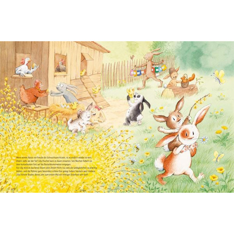 Buchseite: Mehrere Hasen bereiten sich auf Ostern vor, bemalen Eier und spielen fröhlich auf einer blühenden Wiese neben einem Hühnerstall.