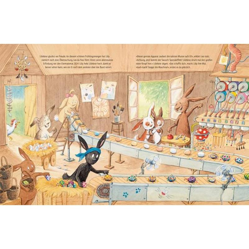 Buchseite: In einer Osterhasenwerkstatt bemalen Hasen Eier auf einem Fließband, während Lilly und Lillibert zusehen und helfen.