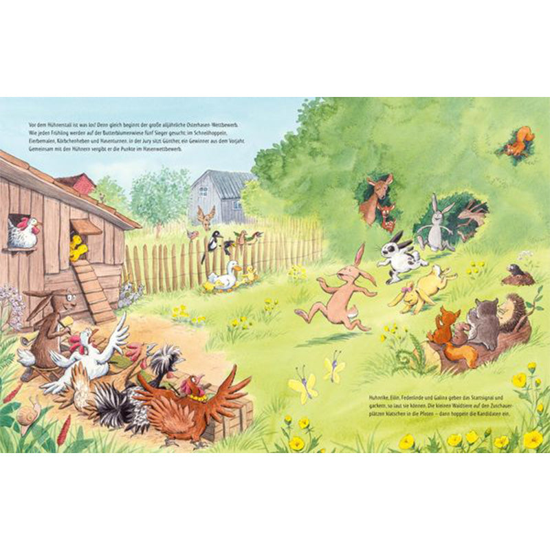 Buchseite aus „Lilly Osterhase“ mit vielen Tieren auf einem Bauernhof und startendem Osterhasen-Wettbewerb.