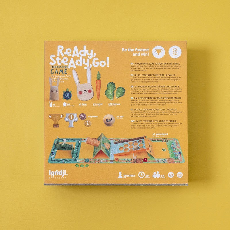 Blick auf die geschlossene Spielbox Rückseite von Ready, Steady, Go! – buntes Familienspiel