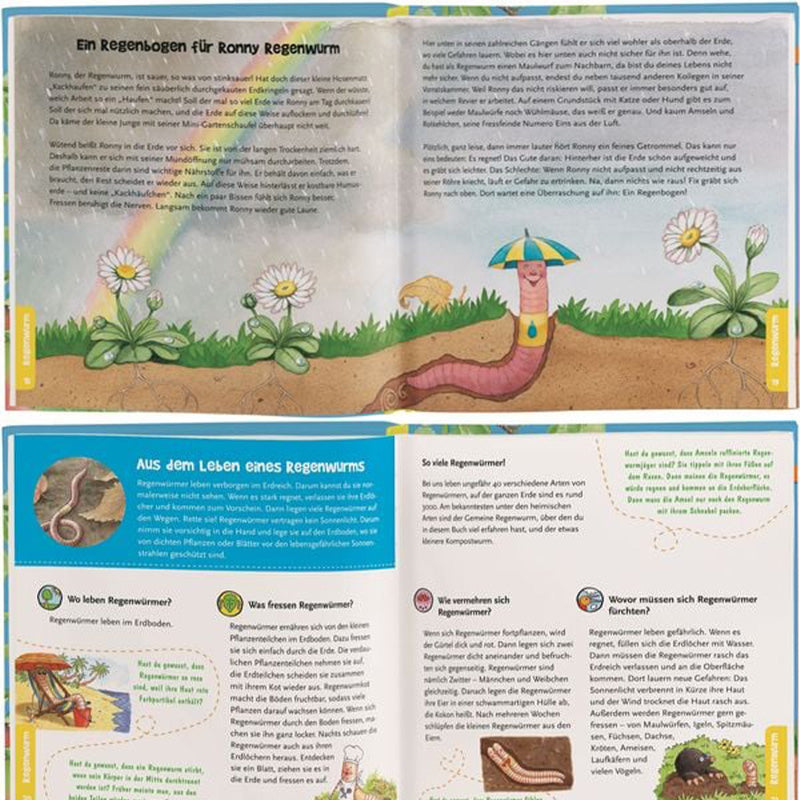Buchdoppelseite. Geschichte über Regenwurm Ronny mit Illustration eines Regenwurms im Regen mit Regenschirm auf einer Wiese.