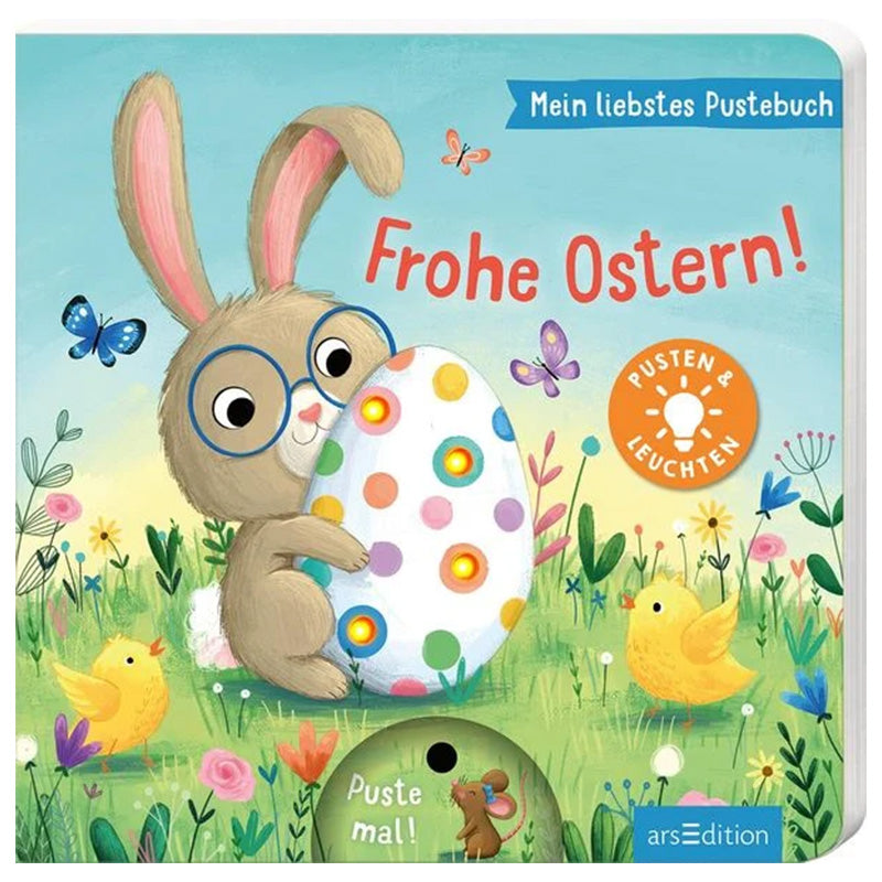 ChatGPT:
Buchcover: Titel „Frohe Ostern!“ aus der Reihe Mein liebstes Pustebuch, zeigt einen Hasen mit Brille, der ein buntes, leuchtendes Osterei umarmt – mit Küken, Schmetterlingen und Blumen auf der Wiese.